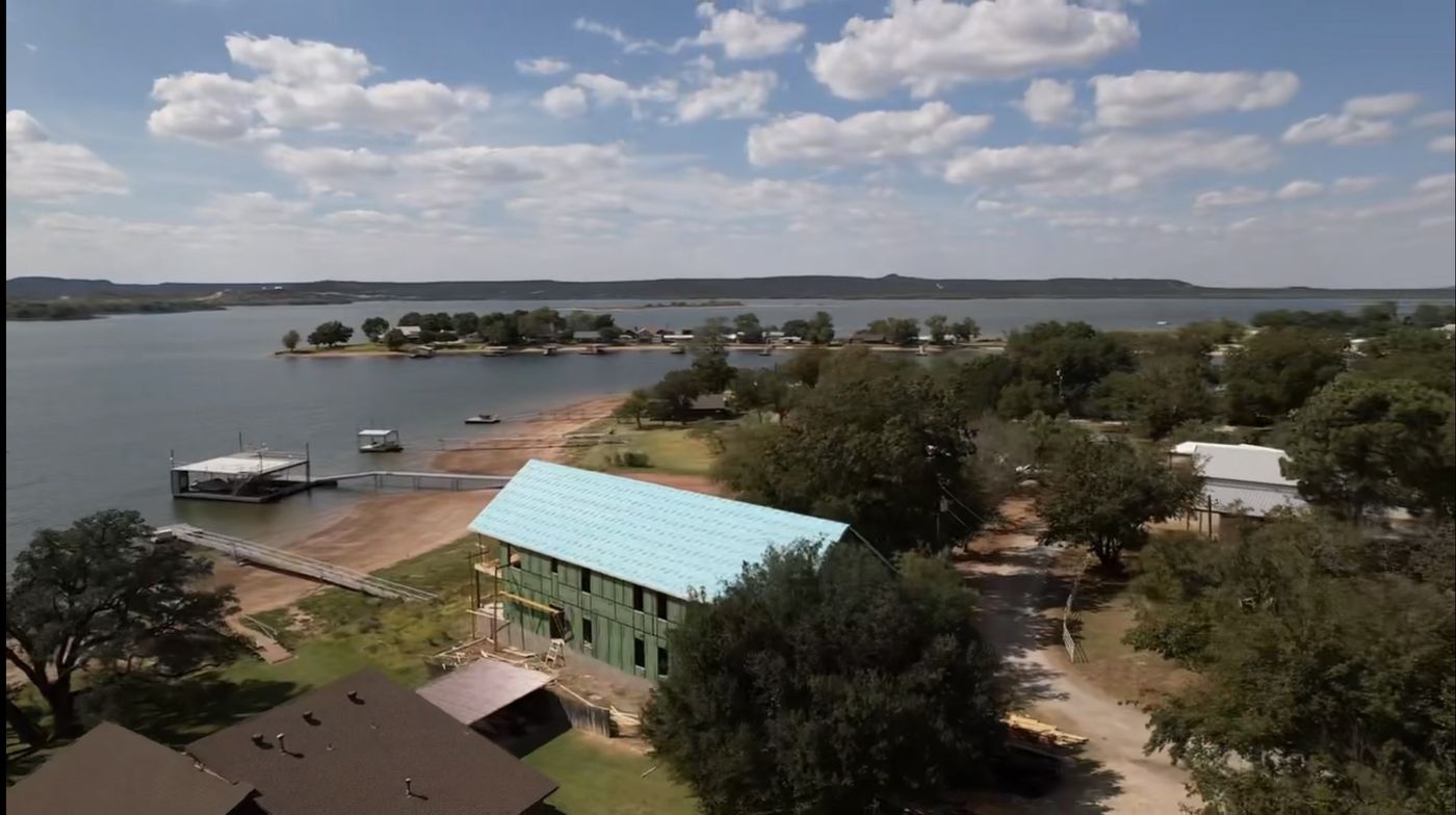 Aerial view of the custom lake house on Possum Kingdom Lake